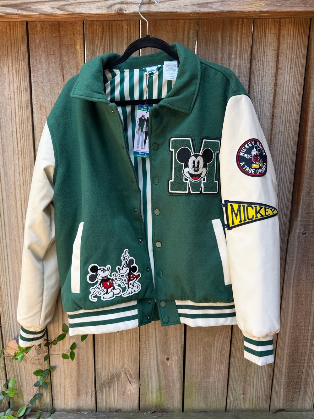 New/Mickey Mouse Disney Varsity Letterman Jacket Unisex Men L Women XL green